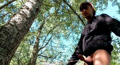 Stretching Balls and Cock Tied to the Tree and Jerk off Outdoor