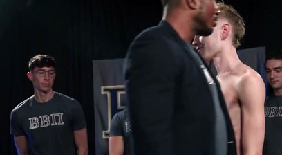 Masked Pledge Lucky Banks Kneels for BBPI Frat Bros Big Cock Ritual