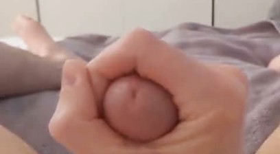 Boy plays with his big dick and asshole. POV belly cumshot