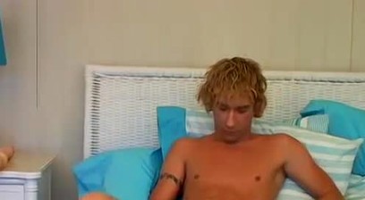 Pretty blonde twink Casey jerks off his huge monter cock