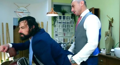 Bearded businessman Miguel Angel bareback barber banging