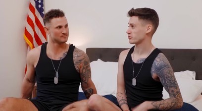 Navy soldier Blain O'Connor intensely barebacks with recruit Cam Steele