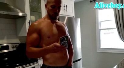 a professional fitness model wanks in kitchen