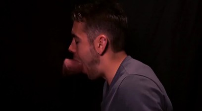 Glory hole blowjob turns to deepthroat with twink and daddy
