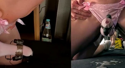 Good Blonde Boy takes Nig Dick Doggy until he Squirts Handsfree in Cute Lingerie