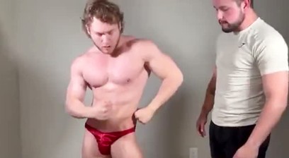 Bodybuilder In Red Posing Trunks Worship-Getting Felt Up By Another Guy
