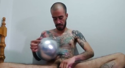 Inflated balloons and my hard cock in action