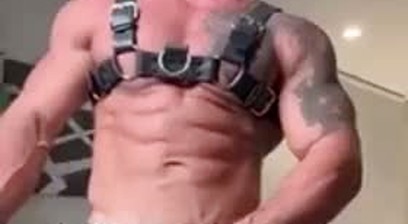 Very Muscular Guy Feeling On His Cock Through Black Underwear
