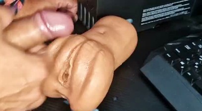 Femboy's pussy holes filled with cum from two huge cocks