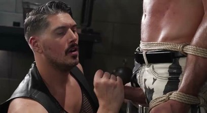 Chained Muscle Slave Gets Ball Busted and Suspended on Wooden Wedge
