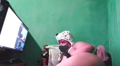 Busty and curvy femboy masturbating his big cock until he cums