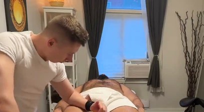 Big hairy guy got excited on massage table with a new masseur and massage took unexpected turns