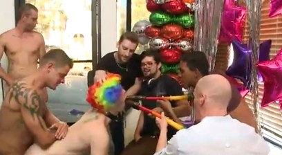 Greedy whore gang banged by horny dudes at a local balloon shop