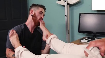 Doctor pleasures himself while the patient services his feet