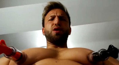 Blondeagle plays with his nipples and produces milk