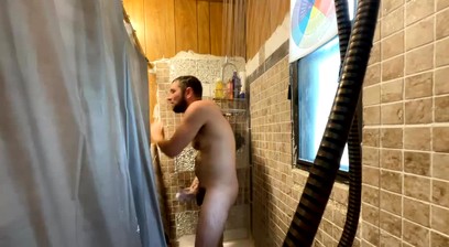 Hung Tattooed Man Wanking While Showering