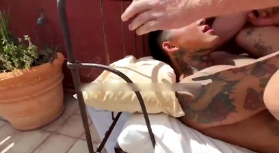 Tattoo Asian Gay getting fuck outdoor