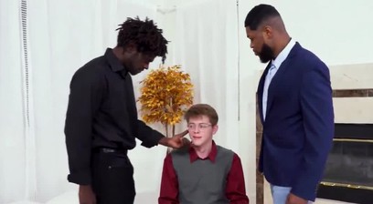 Nerd boy gets pounded and spit-roasted by two black cocks