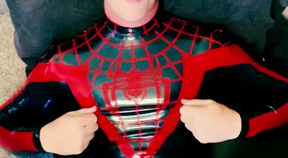 young man gets fucked in a rubber spidey suit