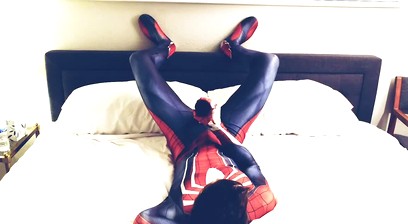 twink in spider suit jerks off on his chest