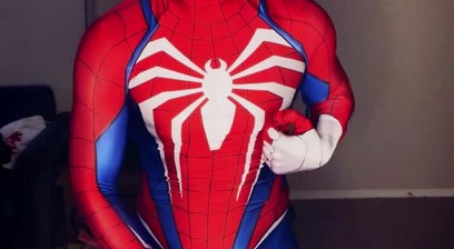 spider-man fucking a toy with a big goofy grin