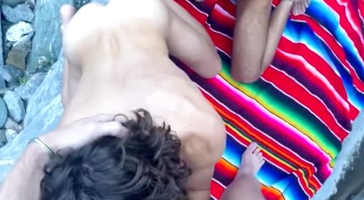 blow job in the water among three men