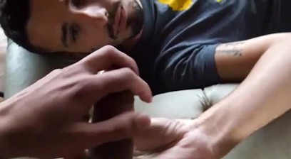 Handsome Latin stud sucks his first man cock