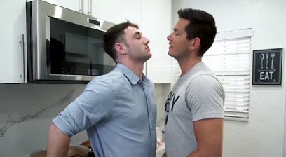 Gay stepbrothers' raw kitchen bang is a passionate, bareback affair