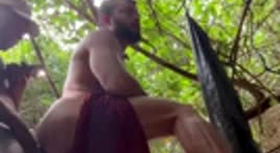 Matheus takes big black banana outdoors