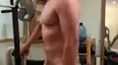 Bodybuilder Daddy Attempting To Bend A Bar And Then Jacking Off, Flexing, and Posing