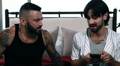 Stepbrothers Noah Asli and Drew Valentino bareback sex in bed