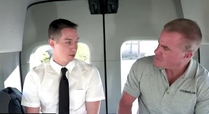 Muscle hunk gets young stud into the rescue van and gives him a safe space to share his fantasies