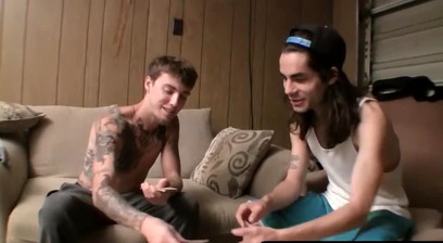 Straight buddies Devin and Blinx's post-strip poker jerk off and cum fest