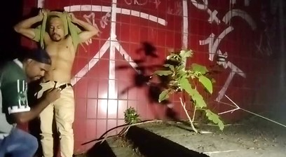 Fast food security guard paying for a blowjob from a well-endowed customer.