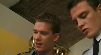 Navy twinks fucking and cumming in raw bar threesome