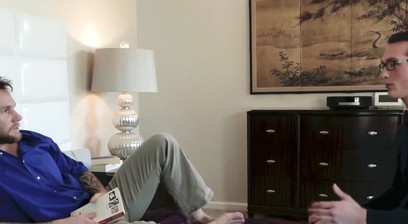 Tattooed bearded hunk fucking young twink bareback here